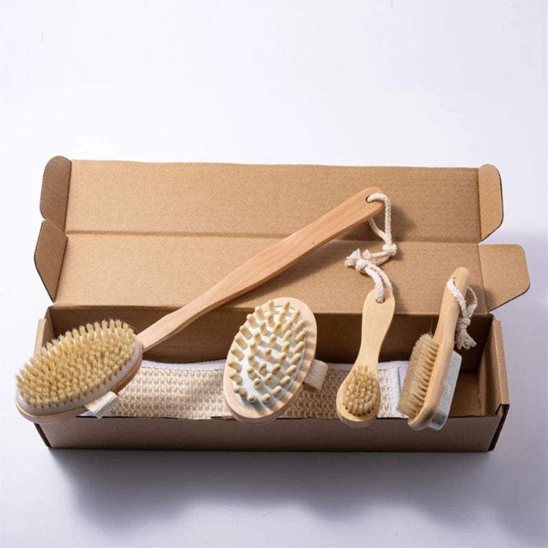 5 Pieces - Natural Bristle Bath Brush Set