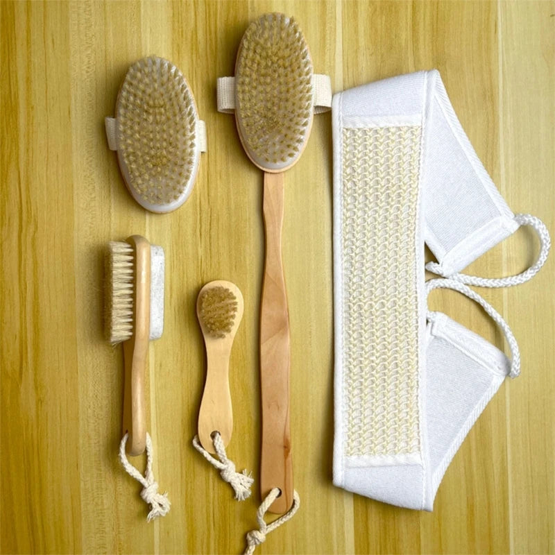 5 Pieces - Natural Bristle Bath Brush Set